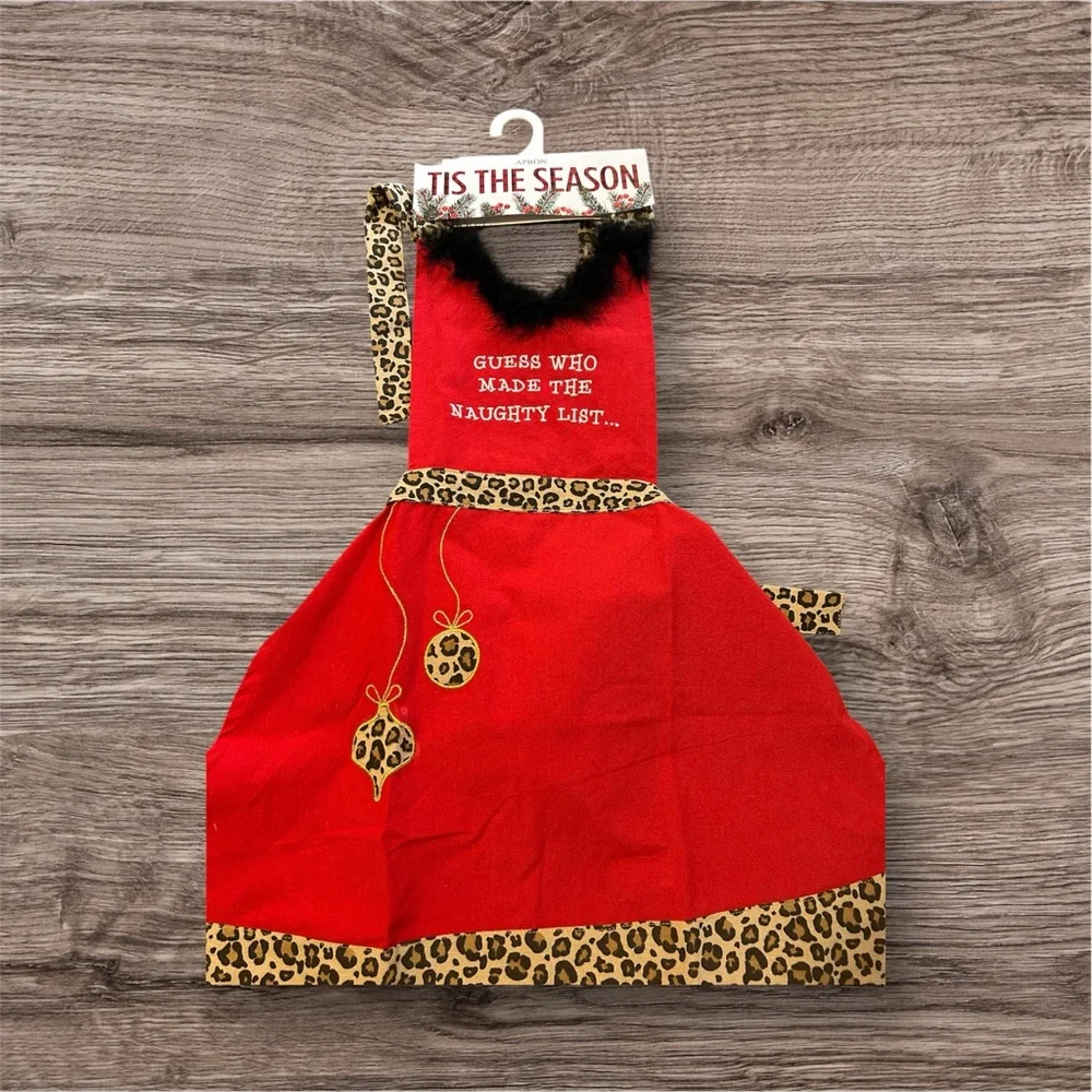 TIS THE SEASON brand new Red and Leopard Print women’s Apron Christmas